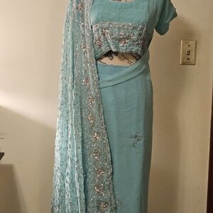 Elegant Light Blue Embellished Saree